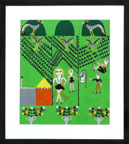 Martin Saldana, Girl on Swing, San Luis Potosi, Mexico, oil painting, 1953-1965, green, black, white