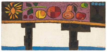 Edward Marecak, Still Life, painting, oil, fruit, flower, table, 1962, 1960s, mid century, modern, mcm, abstract, Fine art, art, for sale, buy, purchase, Denver, Colorado, gallery, historic, antique, vintage, artwork, original, authentic, modern, oil, circa, 1930, 1940, denver artists guild, colorado fifteen, 15 colorado, artist