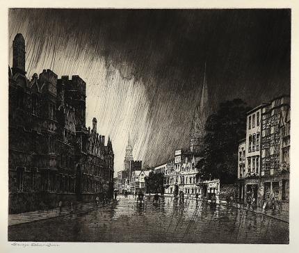 George Elbert Burr, Evening Rain on High Street, Oxford, England, aquatint etching, circa 1905, engraving, fine art, for sale, denver, gallery, colorado, antique, buy, purchase