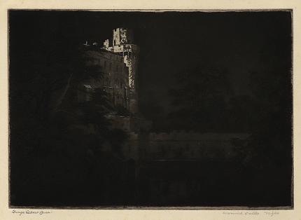 George Elbert Burr, Warwick Castle, Night , England, etching, circa 1905, engraving, fine art, for sale, denver, gallery, colorado, antique, buy, purchase