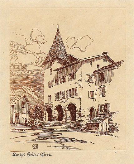 George Elbert Burr, A Swiss Farmhouse , Switzerland, etching, circa 1905, engraving, fine art, for sale, denver, gallery, colorado, antique, buy, purchase