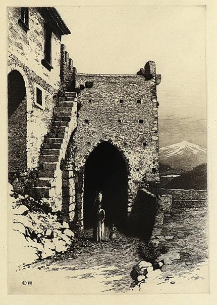 George Elbert Burr, Catania Gate, Taormina, Italy, etching, circa 1905, engraving, fine art, for sale, denver, gallery, colorado, antique, buy, purchase