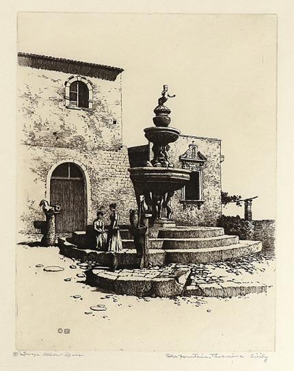 George Elbert Burr, Old Fountain, Taormina, Sicily , Italy, etching, circa 1905, engraving, fine art, for sale, denver, gallery, colorado, antique, buy, purchase