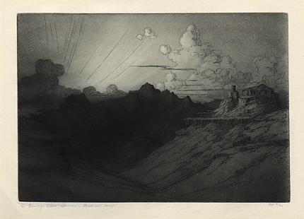 George Elbert Burr, Desert Sunset , Desert Set, etching, circa 1921, engraving, fine art, for sale, denver, gallery, colorado, antique, buy, purchase