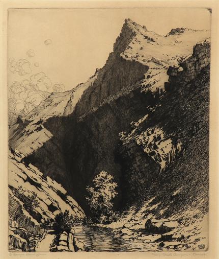 George Elbert Burr, Bear Creek Canyon, Denver , Colorado, etching, circa 1922, engraving, fine art, for sale, denver, gallery, colorado, antique, buy, purchase