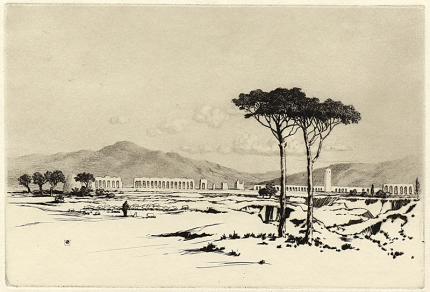 George Elbert Burr, From Via Appia , Appian Way, Rome, Italy, etching, circa 1905, engraving, fine art, for sale, denver, gallery, colorado, antique, buy, purchase