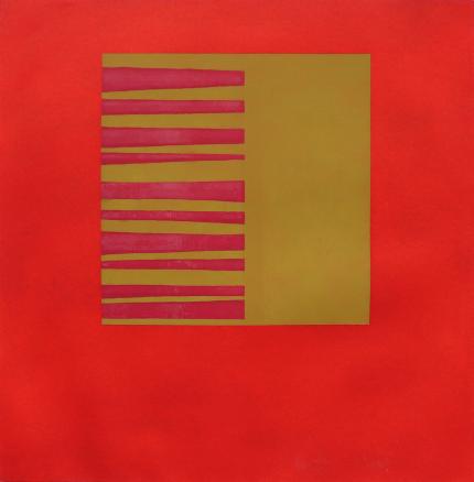Red Abstract with Gold Square and Red Stripes, monotype, circa 1990, Print, modernist, midcentury, modern, abstract, Art, for sale, Denver, Colorado, gallery, purchase, vintage