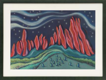 Sushe Felix, Garden of the Gods, Colorado, Modernist, Landscape, painting, pastel, 1987, 1980s, 20th century, woman, female, artist, red, green, blue, Vintage, Fine art, for sale, purchase, gallery, museum, Denver, Colorado 