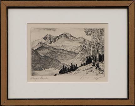 Lyman Byxbe, Longs Peak, Colorado, mountain, landscape, aspen, pine, snow, etching, circa 1955, long's peak,Art, for sale, Denver, Colorado, gallery, purchase, vintage 