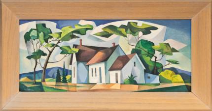 William Sanderson, "Homestead", oil, painting, landscape, Modernist, house, trees, clouds, trees, mountains, white, green, blue, Colorado 15, Fifteen Colorado Artists, Fine art, art, for sale, buy, purchase, Denver, Colorado, gallery, historic, antique, vintage, artwork, midcentury, modern