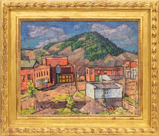 Paul k. Smith, kauver, paul, smith, "Colorado Mining Town, Early Sunday Morning", oil, circa, 1930, 1940, 1950, modern, modernist, regional, mining, mountain, Fine art, art, for sale, buy, purchase, Denver, Colorado, gallery, historic, antique, vintage, artwork, original, authentic, landscape