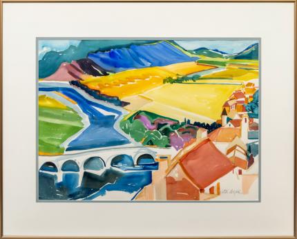 Rita Derjue, Dordogne River, France, landscape, painting, vintage, europe, french, country, watercolor, 1995, woman, female, artist, modern, Fine art, art, for sale, buy, purchase, Denver, Colorado, gallery, historic, antique, vintage, artwork, original, authentic