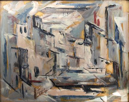 Charles Ragland Bunnell, "Untitled (Abstract Buildings)", oil, 1951 broadmoor academy abstract expressionist painting fine art for sale purchase buy sell auction consign denver colorado art gallery museum      