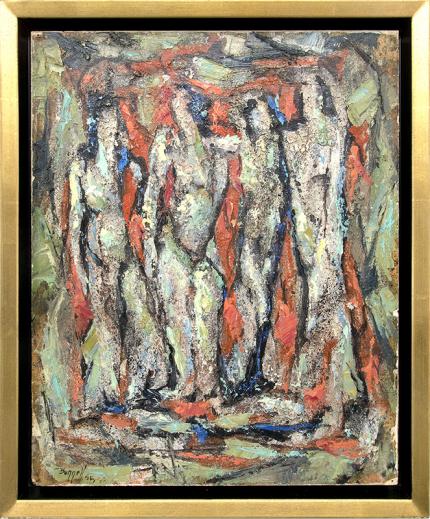 Charles Bunnell, semi Abstract painting for sale, Four Nudes, oil, 1956, mid century modern art