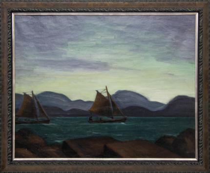 Carl Eric Lindin original vintage oil painting, Waterways (Lysekil, Sweden), circa 1930 for sale Denver sailboat mountains moody maritime marine fjord