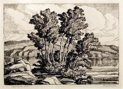 Sven Birger Sandzen, "Aspens by the Lake", lithograph, c. 1930