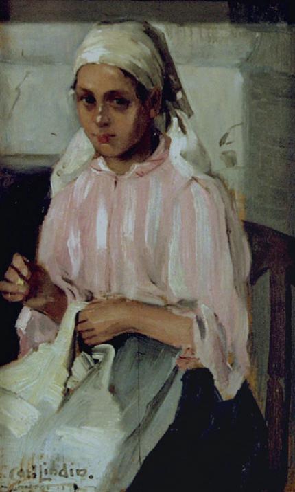Carl Eric Olaf Lindin, "Sewing", oil, c. 1895-7