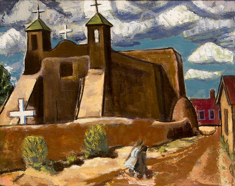 Paul Kauvar Smith modernist painting, Rancho de Taos Church, New Mexico art,  colorado springs denver artists guild 15 colorado artists architecture