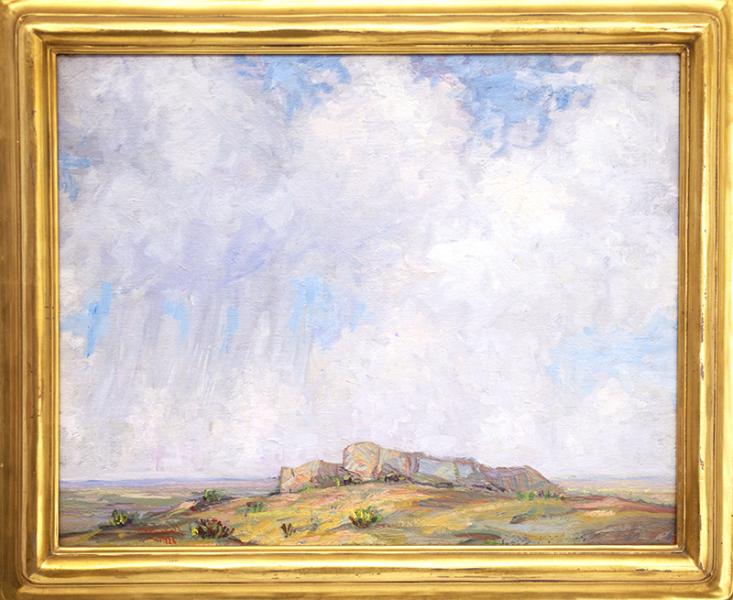 Charles Bunnell, art for sale, Colorado Landscape with Buttes, Prairie and Sky, oil painting, vintage, 1926, clouds, rain, white, blue, beige, brown, tan, yellow, green, gold, broadmoor academy, ragland