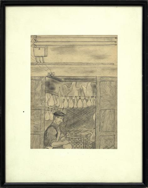 Hilaire Hiler vintage paris drawing, butcher working in boucherie