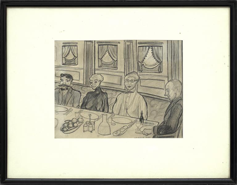 hilaire hiler vintage drawing, dining table, men, women