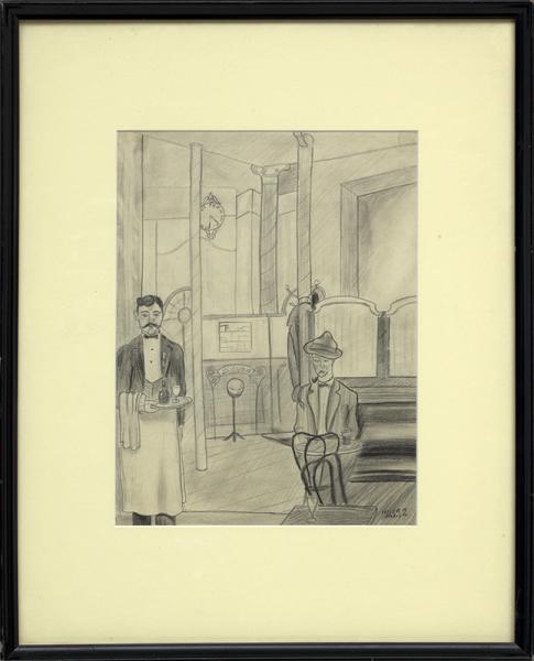 hilaire hiler, waiter and man smoking pipe, paris cafe, interior genre scene, vintage original 1920s drawing