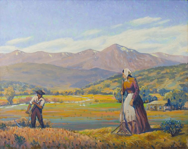 Harold skene mountain farm reaping hay colorado landscape vintage painting