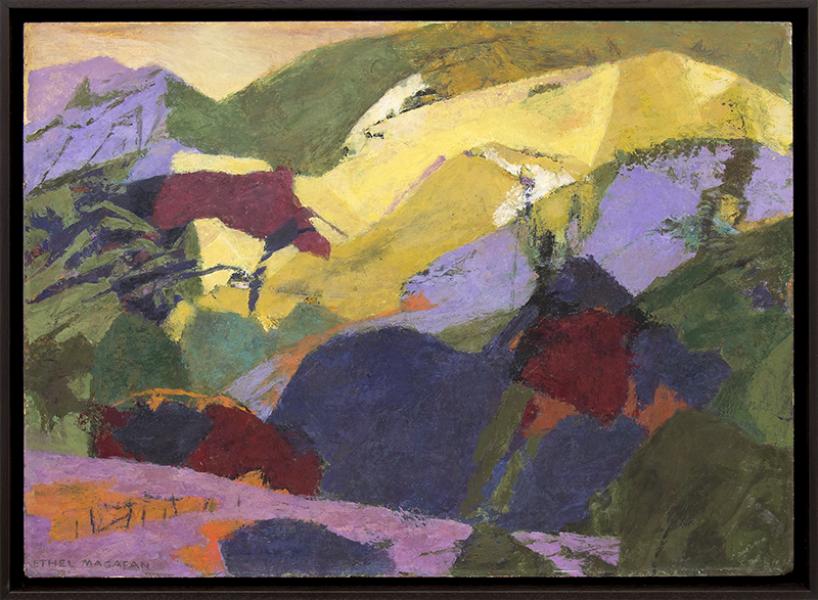 ethel magafan, art for sale, Mountains Above the Meadow, colorado landscape, abstract, modernist, broadmoor art academy, colorado, wpa, woman artist, woodstock, new york, oil painting, for sale, female, yellow, green, blue, gold, orange, purple 
