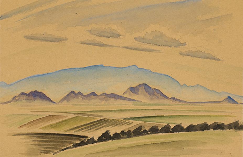 Arnold Ronnebeck, Sandia Mountains, New Mexico, vintage painting for sale, circa 1927, watercolor, yellow, green, blue