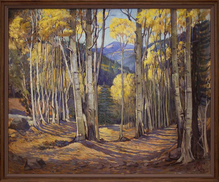 joseph willis new mexico vintage antique oil painting taos aspen tree autumn landscape fall color modernist impressionist 1930s 1940s 1950s 