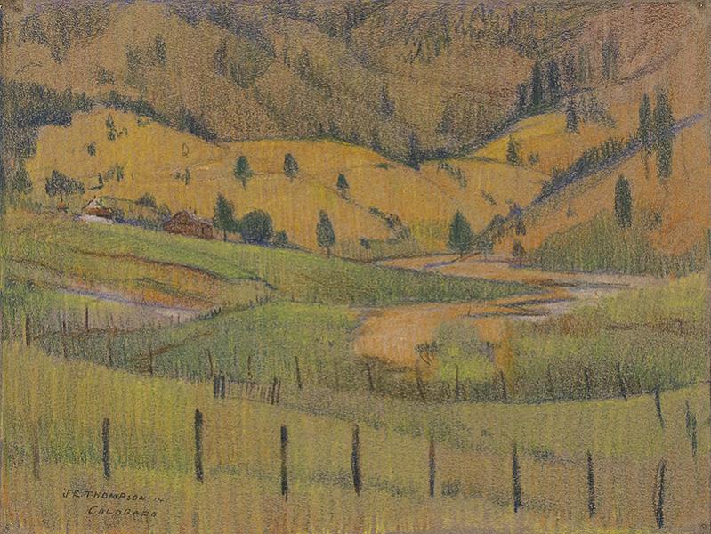 John E Thompson modernist colorado landscape vintage original signed color pencil drawing painting