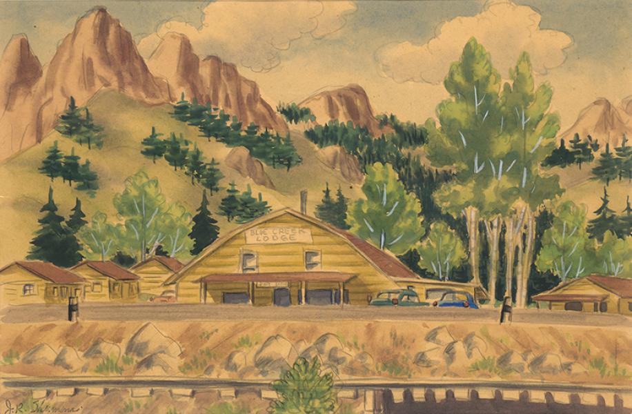 James Sherman Blue Creek Lodge, South Fork, Colorado modernist mountain landscape painting rail 1940s