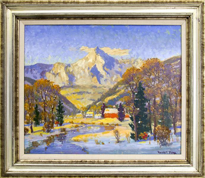Harold Skene vintage painting for sale, Colorado Winter (Mountain Landscape with river and Snow)