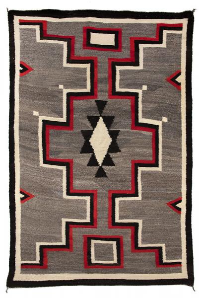 vintage navajo rug for sale, crystal trading post, pan-reservation, transitional, 19th century, floor, area, textile, weaving, gray, brown, tan, cream, white, ivory, black, red 