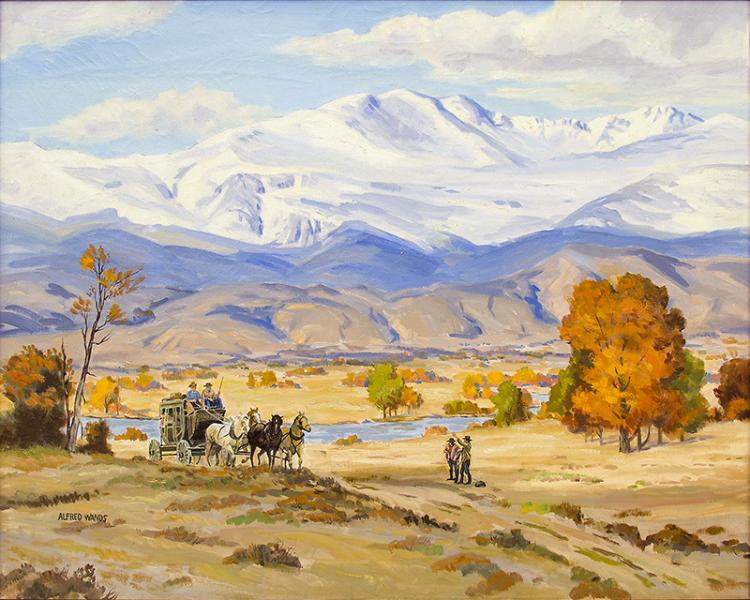 alfred james wands vintage art for sale, stage coach, mountain landcape painting