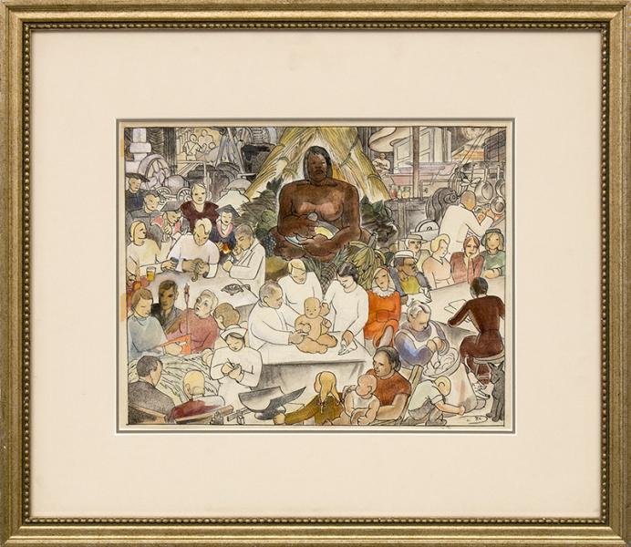 Virginia True, Home Economics, Study for Mural at Cornell University, watercolor, circa 1937, vintage, art, for sale, woman artist, women artist, female, sewing, cooking, childcare, brown, yellow, white, orange, black, green