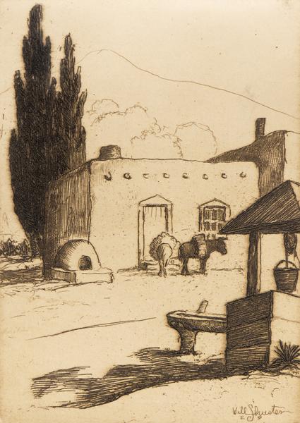 Will Shuster, La Noria, Well, Adobe House, Trees and Sky, New Mexico, etching, 1929, vintage, art for sale, print, black and white, los cinco pintores, santa fe, taos 