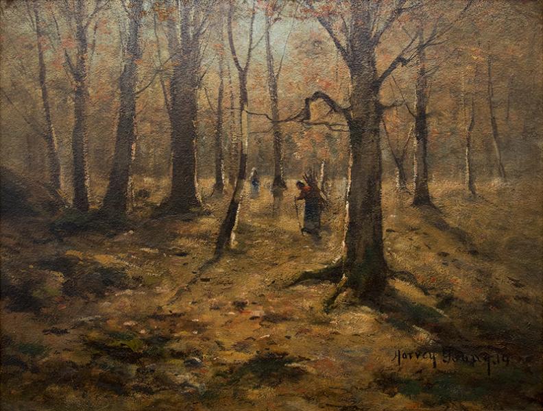 harvey otis young, antique painting, forest interior, 19th century, tonalist