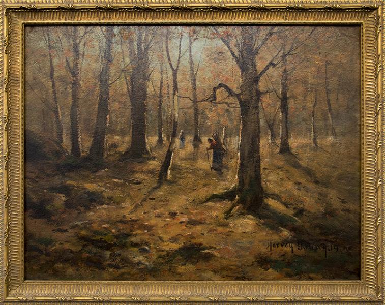 Harvey Otis Young, Native American Women Gathering Wood, Forest Interior, Autumn, oil, circa 1890, 19th century post impressionist, 