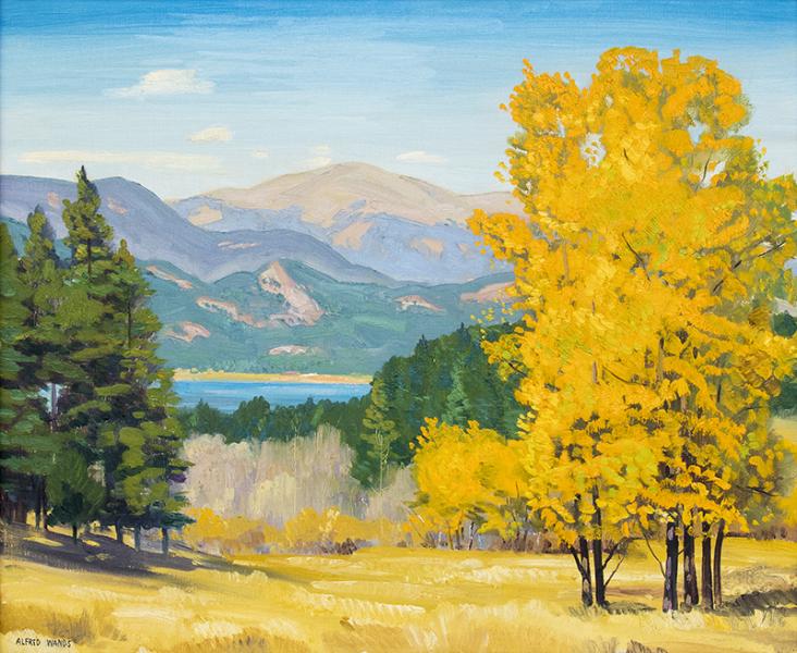 alfred wands landscape painting, mountains, aspen, pine tree, lake