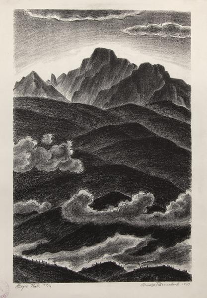 Arnold Ronnebeck, Magic Peak, Colorado Mountain Landscape with Clouds, lithograph, 1937, vintage, black and white, modern, modernist, Denver Artists Guild