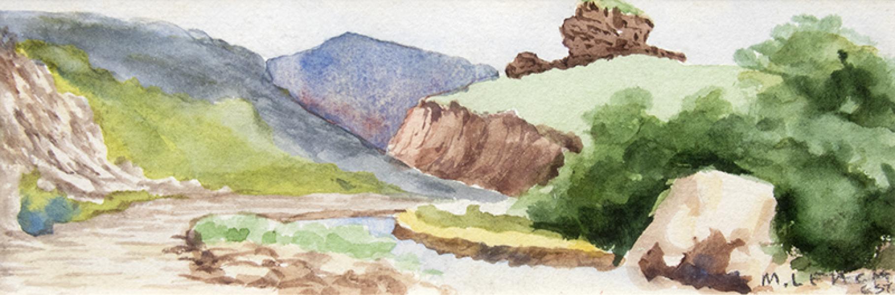 Maude Leach, Mountain Landscape with Creek, watercolor, vintage, painting, early 20th century, woman artist, women, female, green, blue, brown, yellow