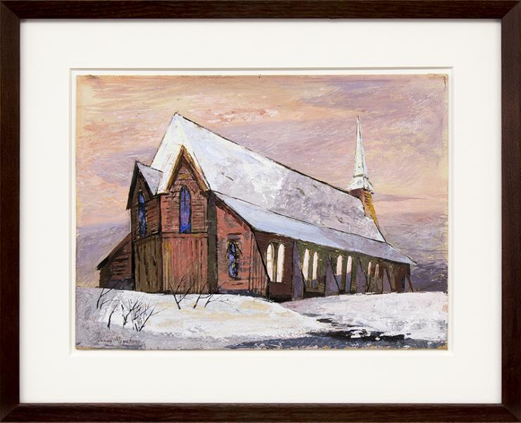 Jenne Magafan, The Church, Colorado, Winter Landscape with Snow, painting, for sale, vintage, wpa era, gouache, circa 1938, 1930s, colorado, woman artist, women, female, twin, red, brown, white, blue, orange, yellow, gray