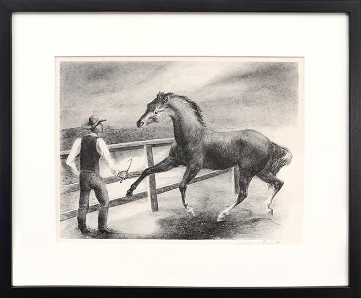 original signed drawing, farmer and horse, Lawrence Barrett Prints for sale, Original Prints for Sale