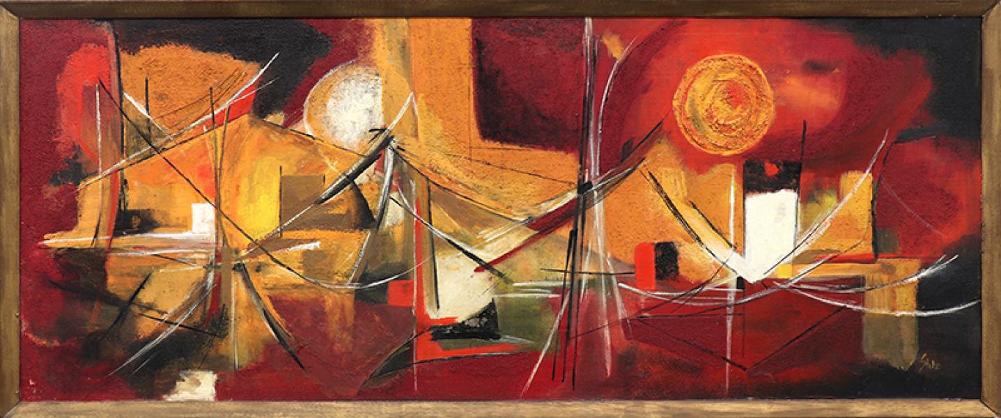 Abstract Cityscape With Bridge, Mid Century Modern, Signed Oil Painting, Black, orange, Red, White