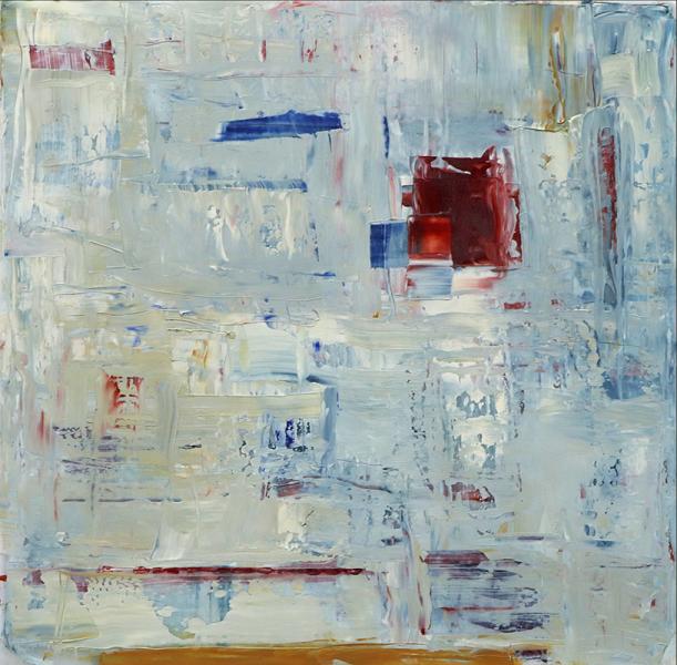 Wilma Fiori, Abstract painting, Blue, White, and Red Abstract with Red Square, oil paint, woman artist, women, 20th century