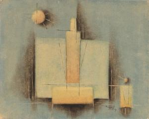 Charles Bunnell, painting, Abstract in Pale Blue, Yellow, Gray and Black, oil, 1954, midcentury modern, abstract expressionist, abstract, expressionism, charles ragland bunnell, Fine art, for sale, vintage, historic, antique, gallery, art, Denver, Colorado	  