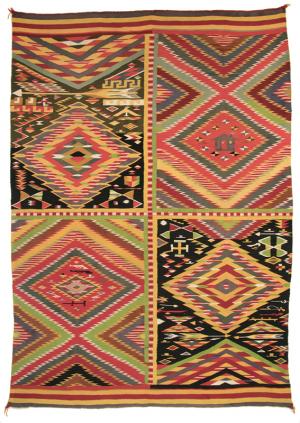 Navajo Germantown Pictorial blanket, 19th century, 4 panel, eye dazzler, guns, house, arrows, red, yellow, orange, black, green, patchwork, antique, vintage, transitional, circa 1875, circa 1880, circa 1890, tapestry, wall hanging, southwestern, authentic, weaving, textile