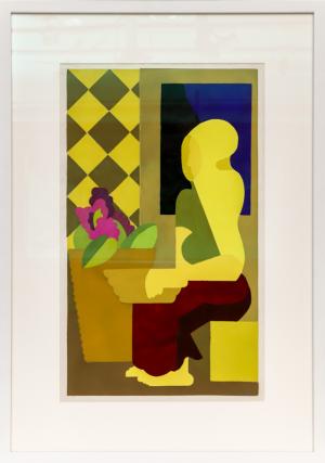 Hilaire Hiler, Seated Figure in Still Life, serigraph, silkscreen, circa 1933, 1930s, print, color, Vintage, Fine art, original, for sale, purchase, gallery, museum, Denver, Colorado, consign, yellow, blue, brown, green, purple, violet, figure, figurative, modernist