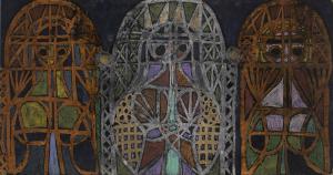 Edward Marecak, "Byzantine Spell", painting for sale, 1965, vintage, mid-century modern, black, orange, yellow, purple, white, gray, green